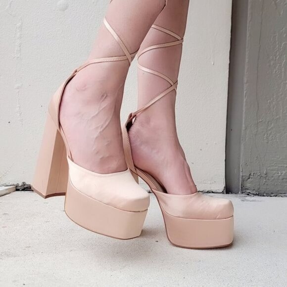 Champagne Platform High Heel Sandals Women Lace Up Square Close - Picture 2 of 5